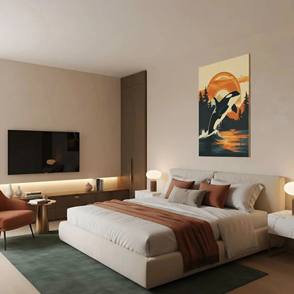 Illustration d'une orque sautant au-dessus de l'eau avec un coucher de soleil vibrant en arrière-plan, idéale pour une chambre ou salon.