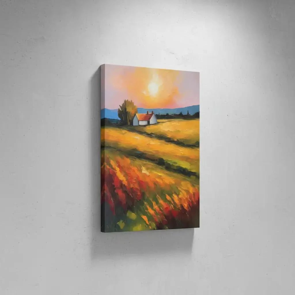 Paysage paisible avec des champs dorés sous un soleil éclatant, créant une ambiance sereine et chaleureuse, idéale pour un salon ou une chambre apaisante.