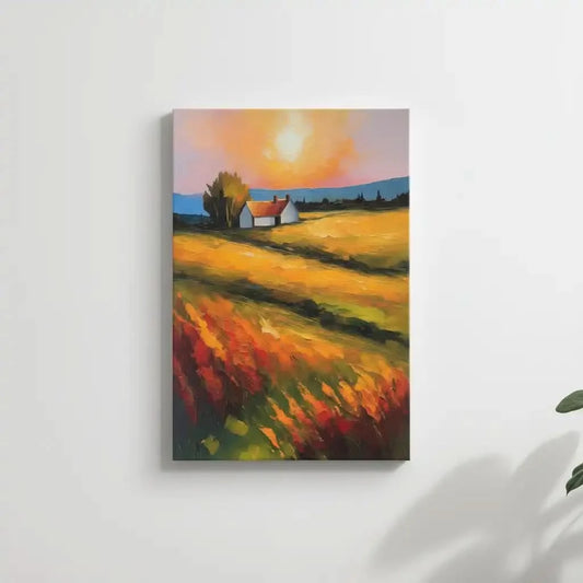 Paysage paisible avec des champs dorés sous un soleil éclatant, créant une ambiance sereine et chaleureuse, idéale pour un salon ou une chambre apaisante.