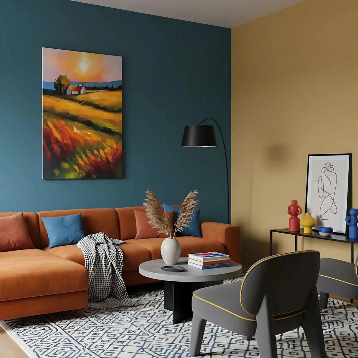 Paysage paisible avec des champs dorés sous un soleil éclatant, créant une ambiance sereine et chaleureuse, idéale pour un salon ou une chambre apaisante.