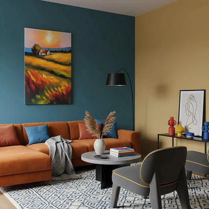 Paysage paisible avec des champs dorés sous un soleil éclatant, créant une ambiance sereine et chaleureuse, idéale pour un salon ou une chambre apaisante.