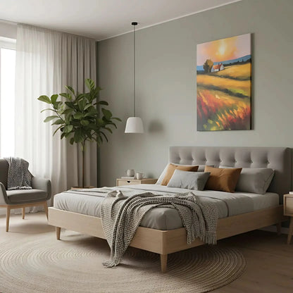 Paysage paisible avec des champs dorés sous un soleil éclatant, créant une ambiance sereine et chaleureuse, idéale pour un salon ou une chambre apaisante.