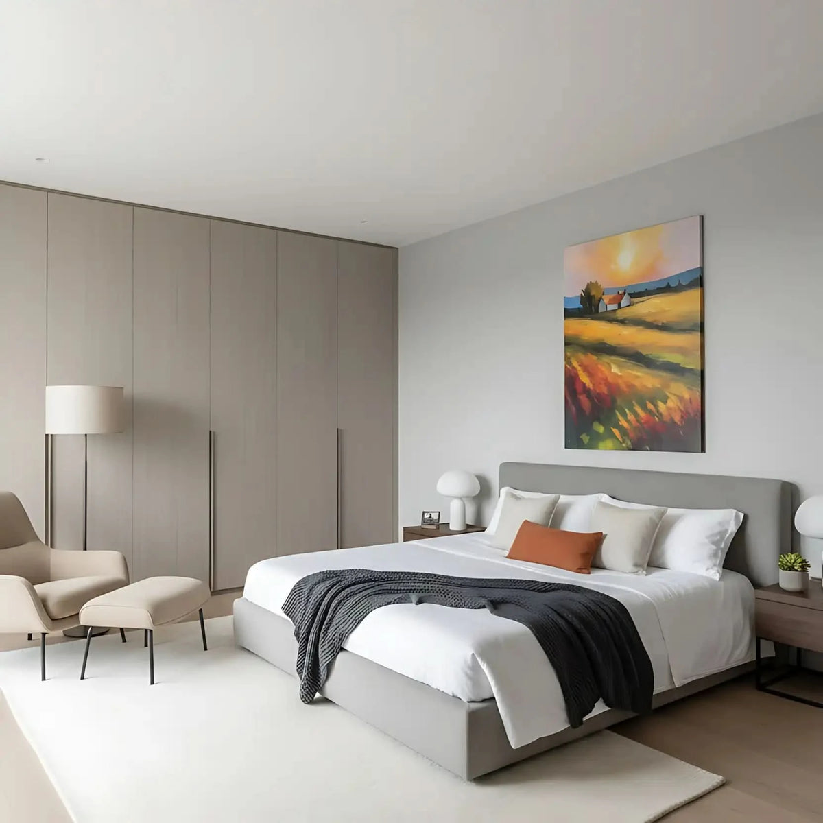 Paysage paisible avec des champs dorés sous un soleil éclatant, créant une ambiance sereine et chaleureuse, idéale pour un salon ou une chambre apaisante.