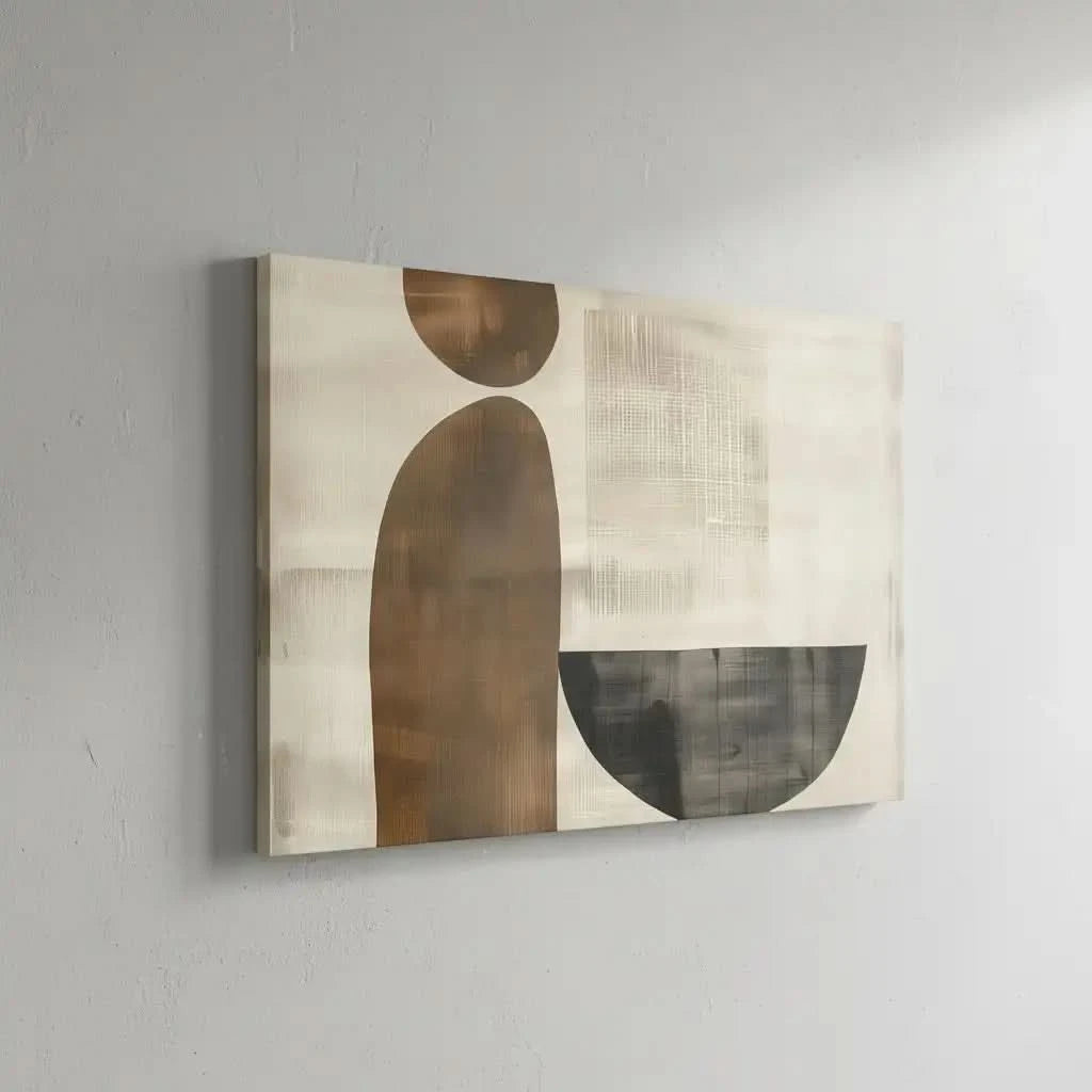 Une oeuvre abstraite avec des formes géométriques et des couleurs neutres, parfaite pour un salon ou un bureau moderne.