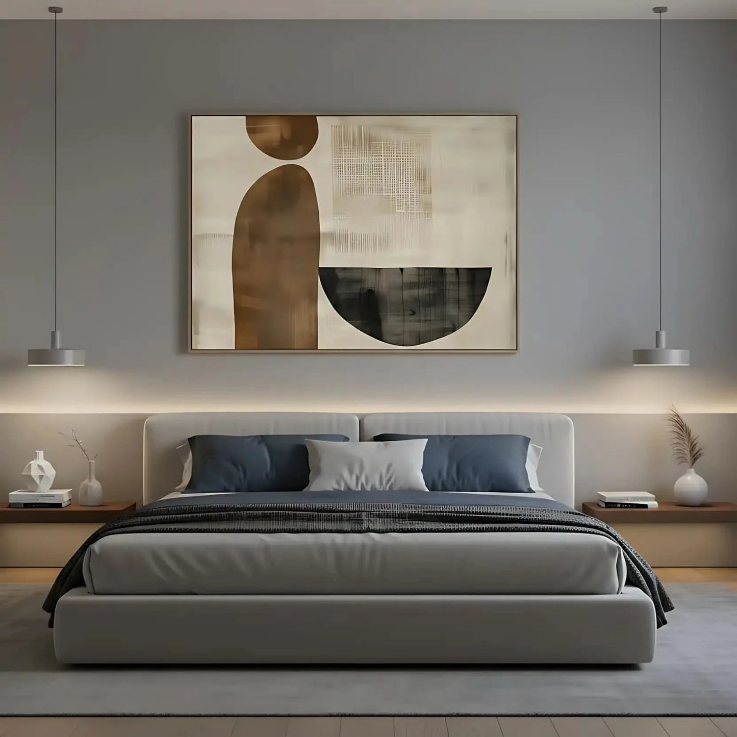 Une oeuvre abstraite avec des formes géométriques et des couleurs neutres, parfaite pour un salon ou un bureau moderne.