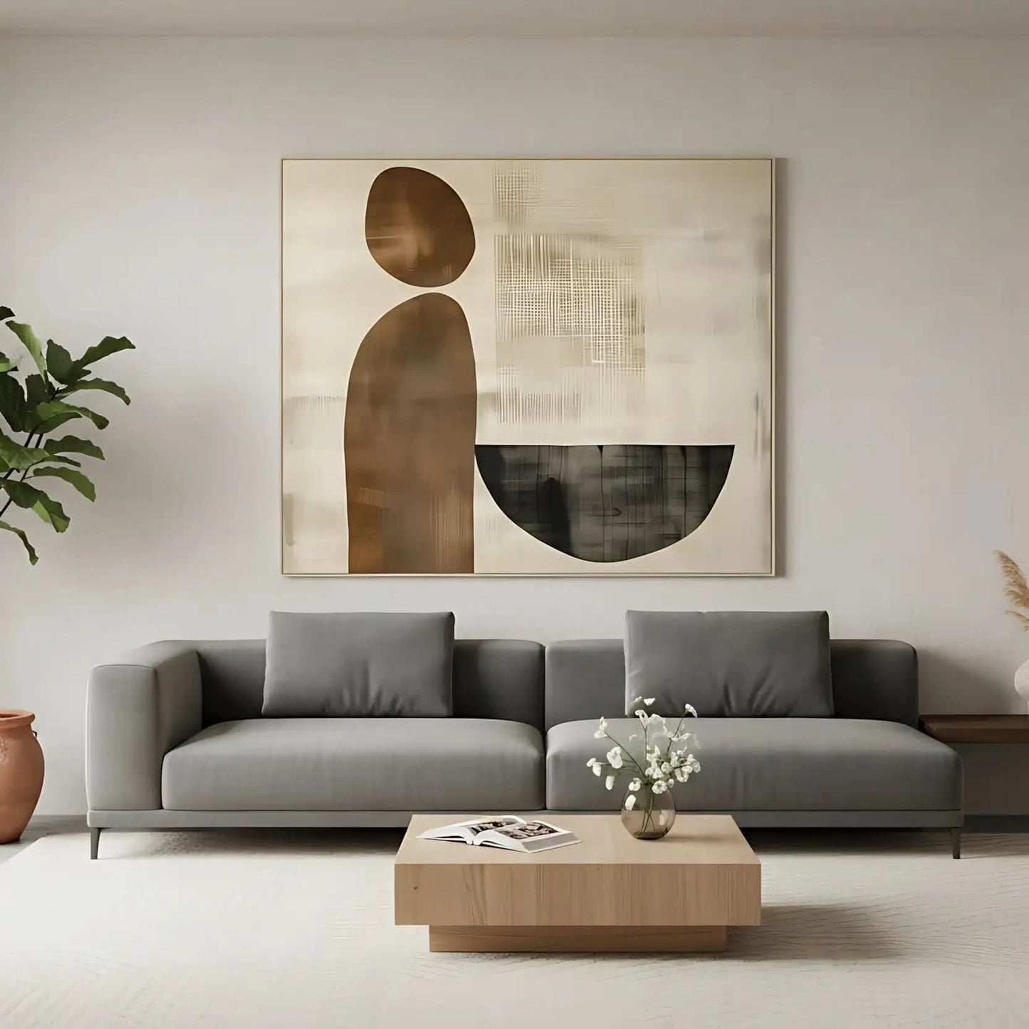 Une oeuvre abstraite avec des formes géométriques et des couleurs neutres, parfaite pour un salon ou un bureau moderne.