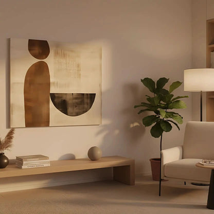 Une oeuvre abstraite avec des formes géométriques et des couleurs neutres, parfaite pour un salon ou un bureau moderne.