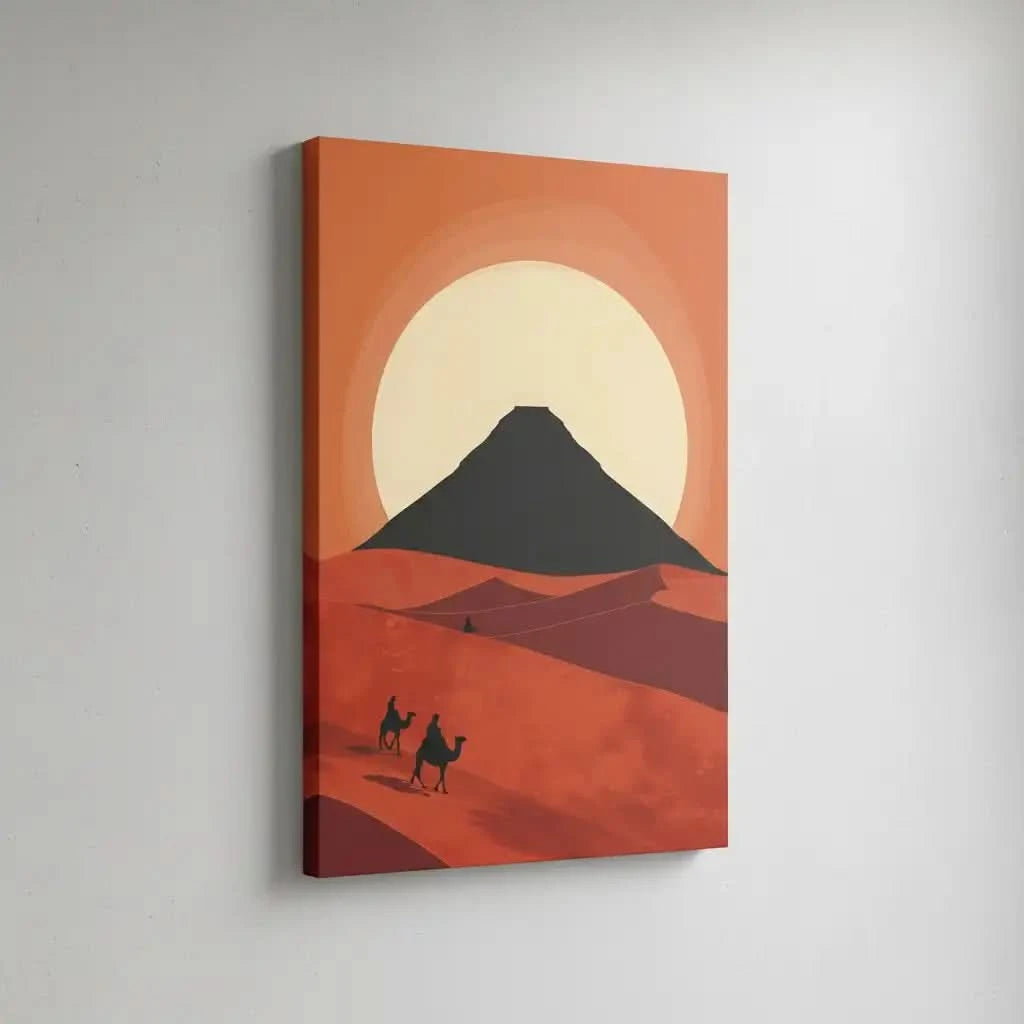 Illustration de silhouettes de chameaux dans le désert avec un soleil vibrant à l'horizon, idéale pour un salon ou chambre.