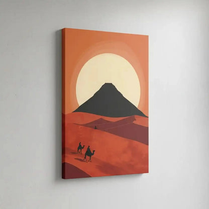 Illustration de silhouettes de chameaux dans le désert avec un soleil vibrant à l'horizon, idéale pour un salon ou chambre.