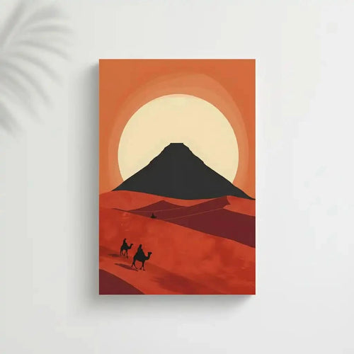 Illustration de silhouettes de chameaux dans le désert avec un soleil vibrant à l'horizon, idéale pour un salon ou chambre.