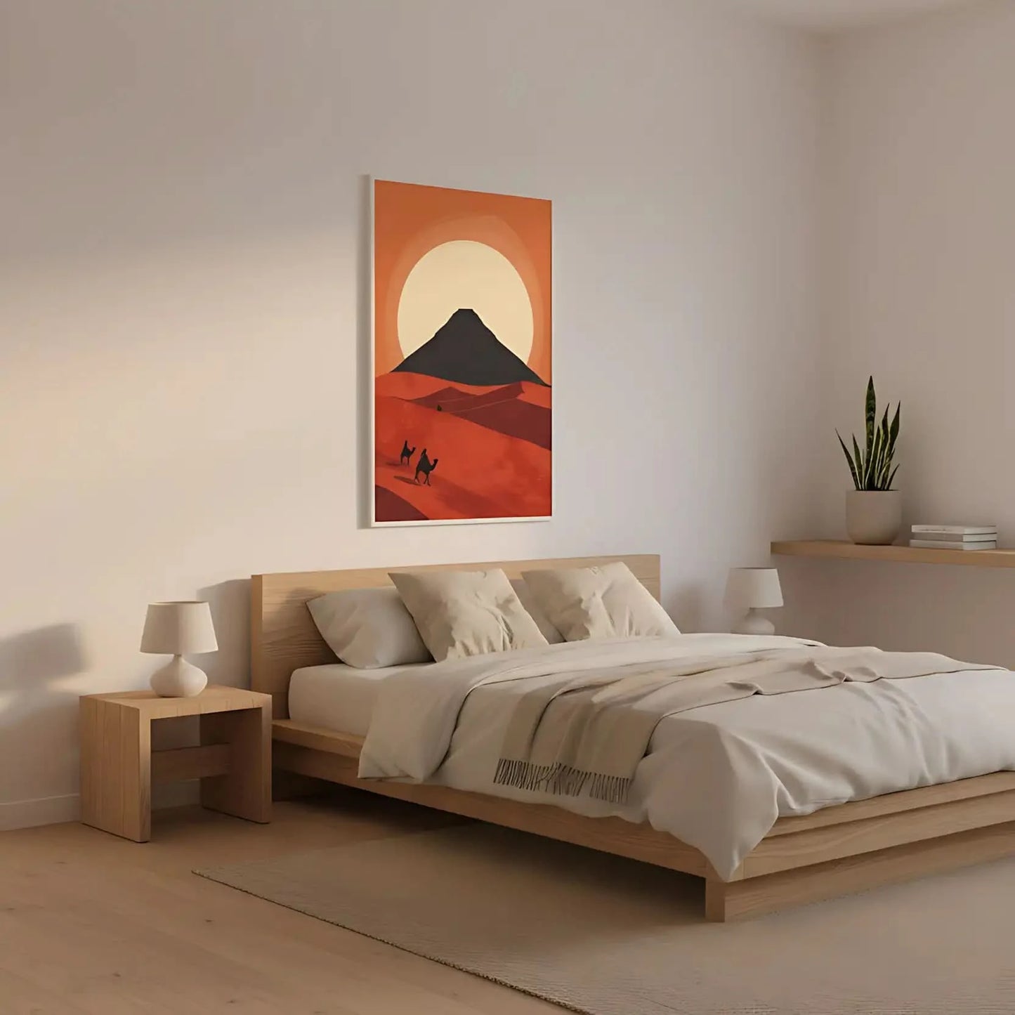 Illustration de silhouettes de chameaux dans le désert avec un soleil vibrant à l'horizon, idéale pour un salon ou chambre.