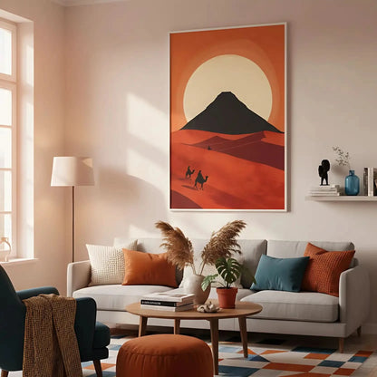 Illustration de silhouettes de chameaux dans le désert avec un soleil vibrant à l'horizon, idéale pour un salon ou chambre.