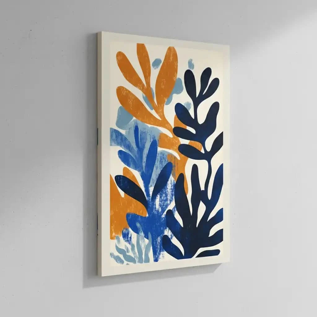 Peinture abstraite avec des formes organiques en bleu, orange et bleu clair,idéale pour une décoration moderne de salon.