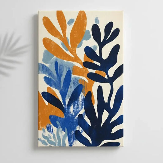 Peinture abstraite avec des formes organiques en bleu, orange et bleu clair,idéale pour une décoration moderne de salon.