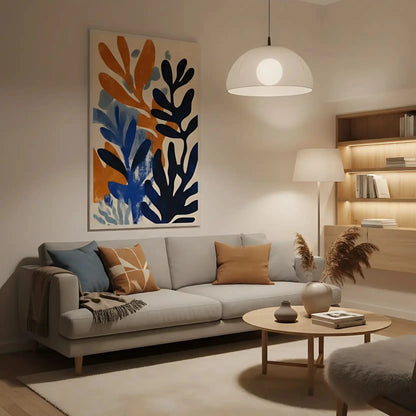 Peinture abstraite avec des formes organiques en bleu, orange et bleu clair,idéale pour une décoration moderne de salon.