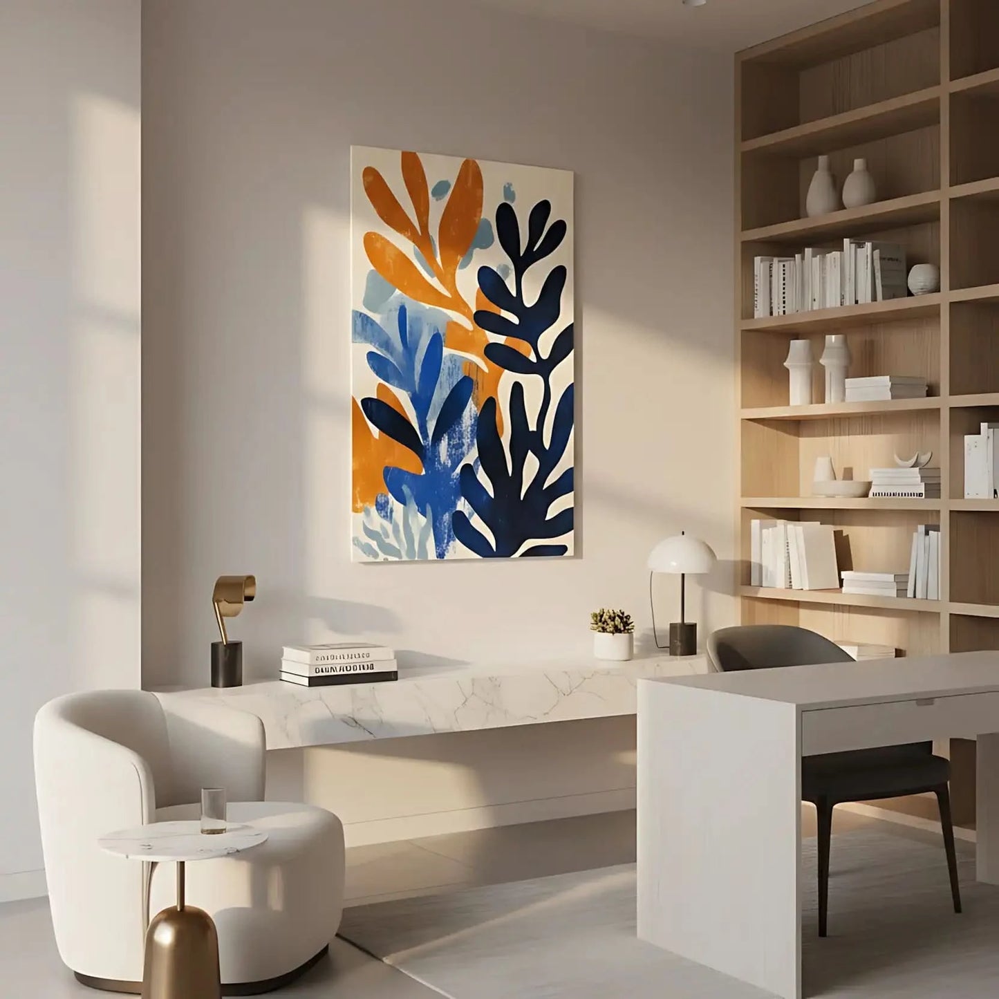 Peinture abstraite avec des formes organiques en bleu, orange et bleu clair,idéale pour une décoration moderne de salon.