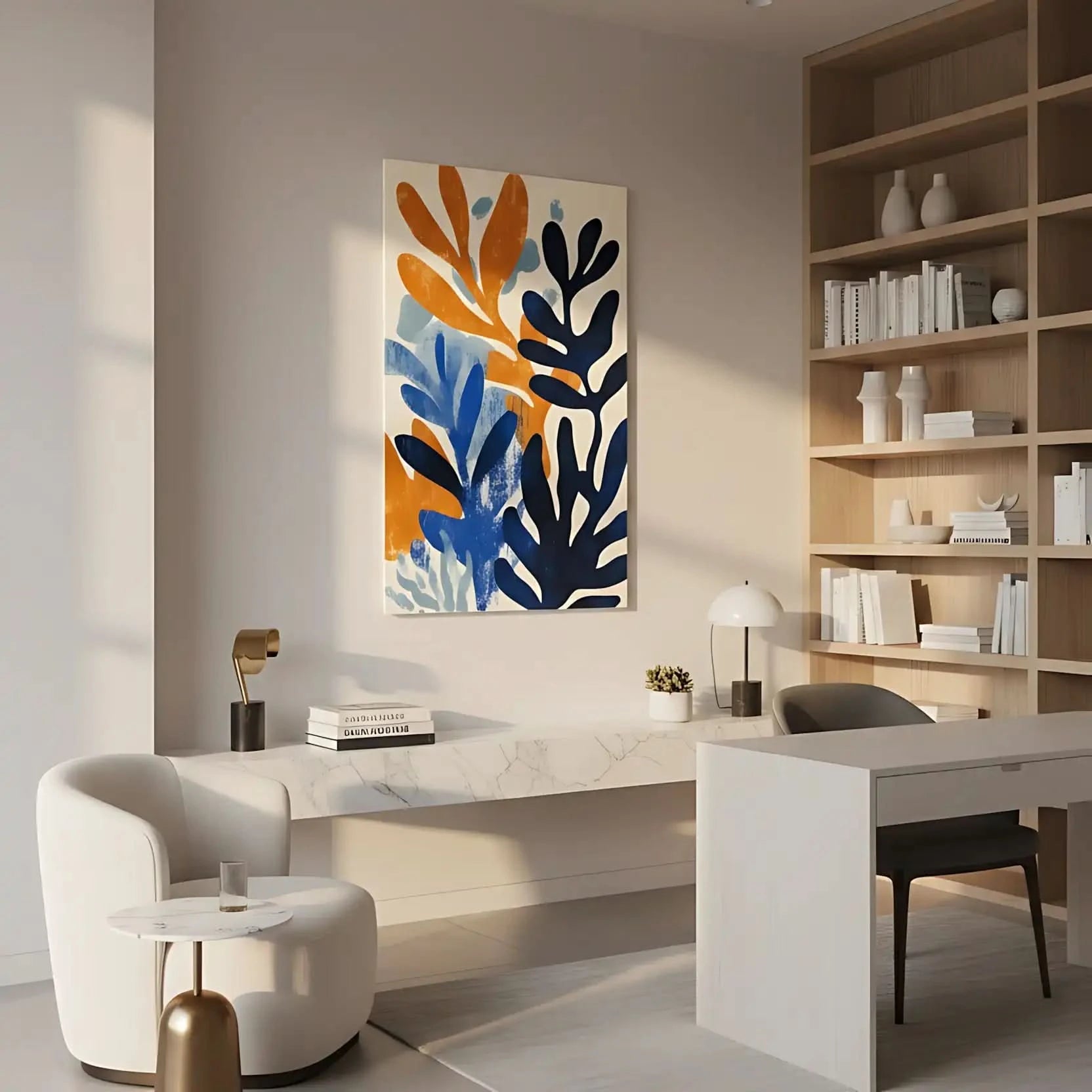 Peinture abstraite avec des formes organiques en bleu, orange et bleu clair,idéale pour une décoration moderne de salon.