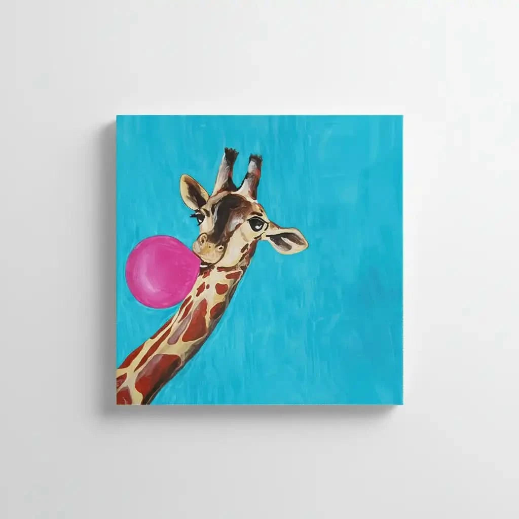 Illustration d’une girafe avec une bulle de chewing-gum, créant une ambiance dynamique et joyeuse avec des couleurs vives.