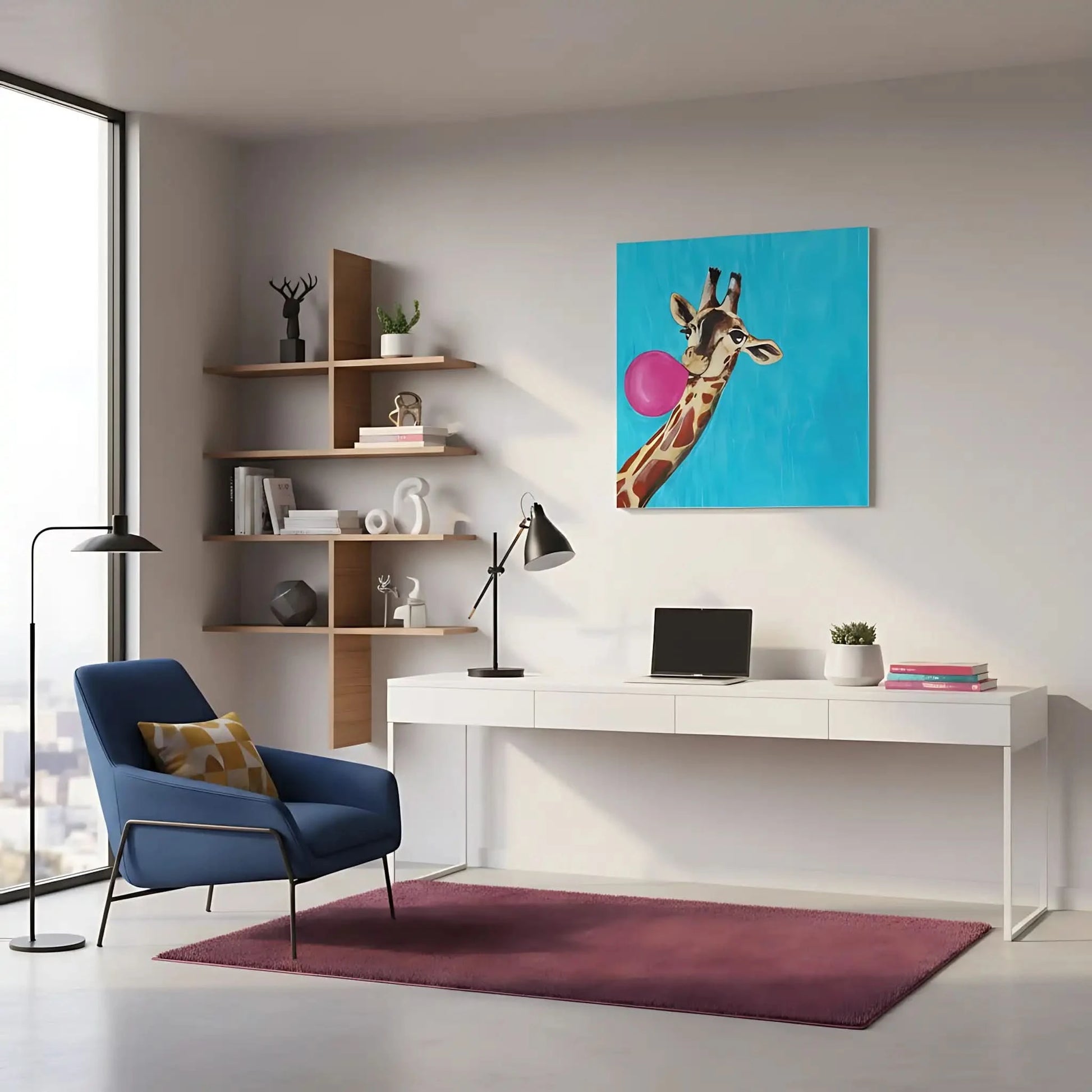 Illustration d’une girafe avec une bulle de chewing-gum, créant une ambiance dynamique et joyeuse avec des couleurs vives.