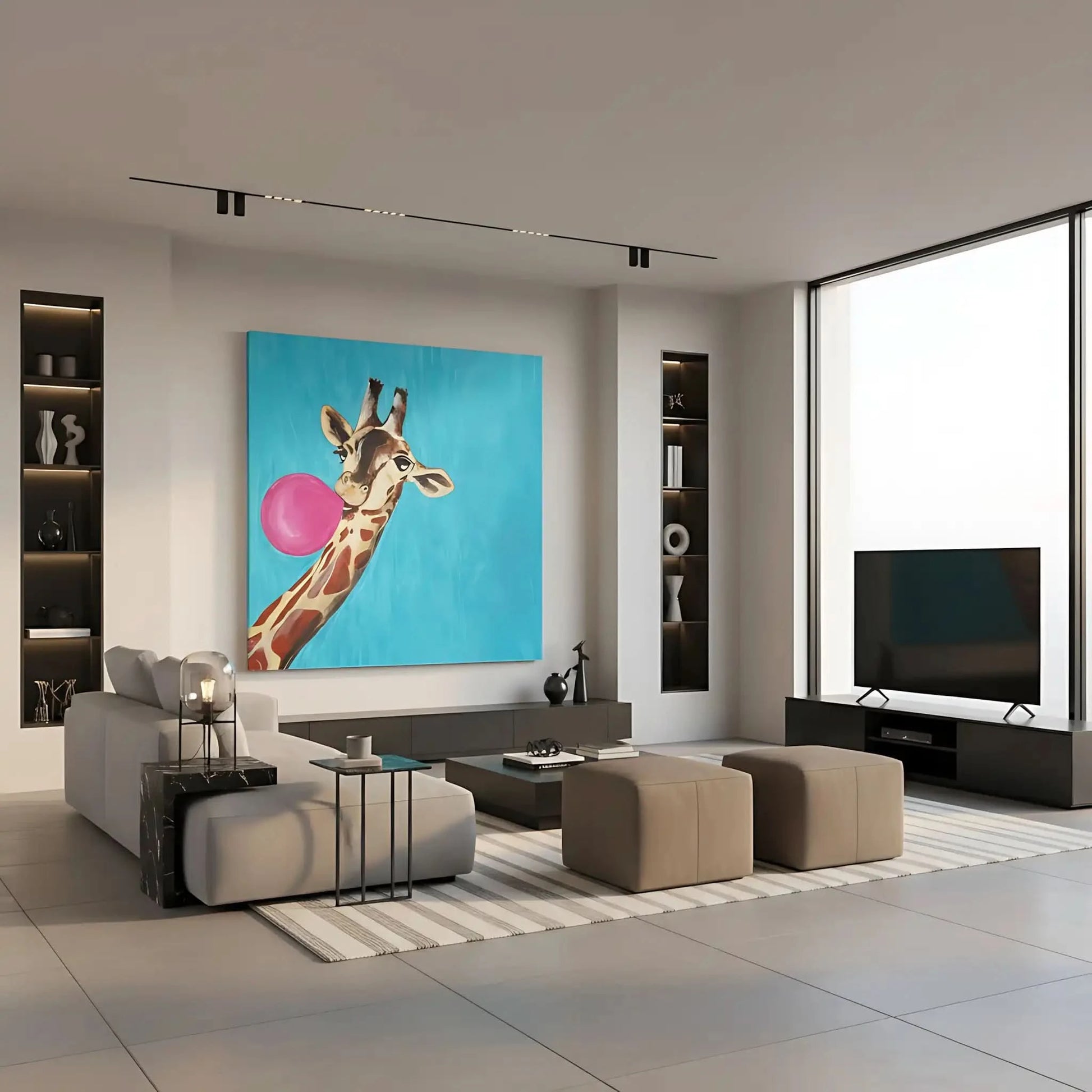 Illustration d’une girafe avec une bulle de chewing-gum, créant une ambiance dynamique et joyeuse avec des couleurs vives.