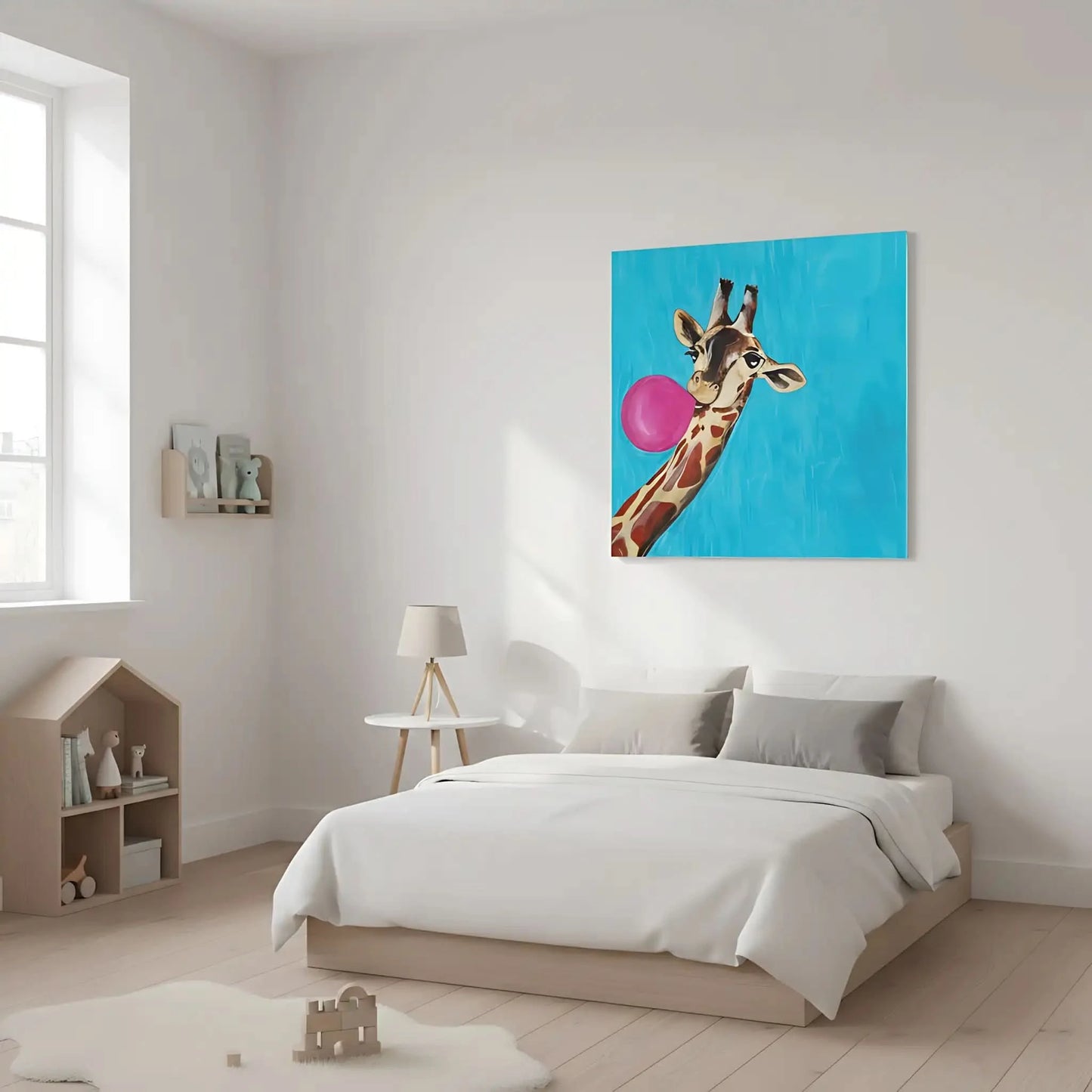 Illustration d’une girafe avec une bulle de chewing-gum, créant une ambiance dynamique et joyeuse avec des couleurs vives.