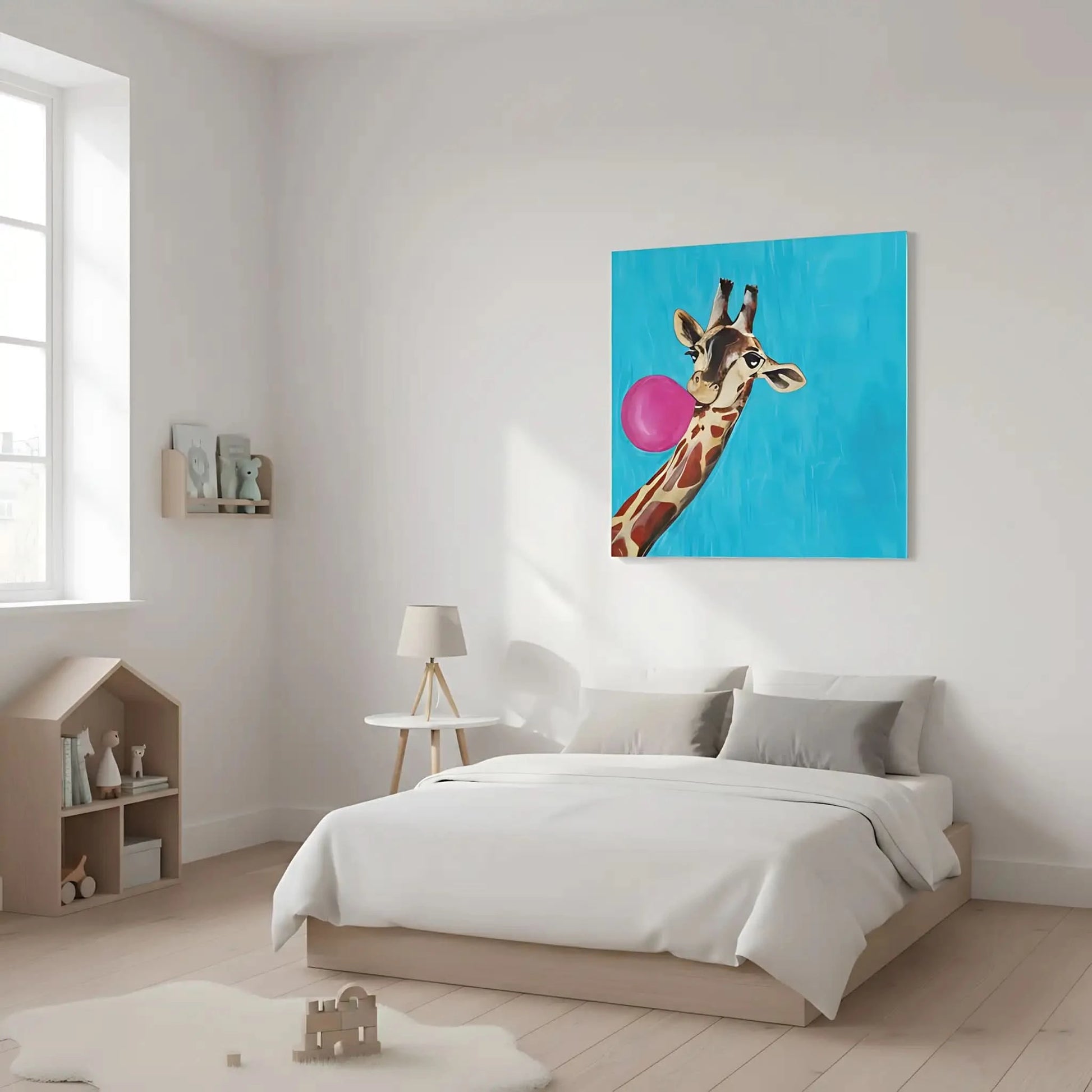 Illustration d’une girafe avec une bulle de chewing-gum, créant une ambiance dynamique et joyeuse avec des couleurs vives.