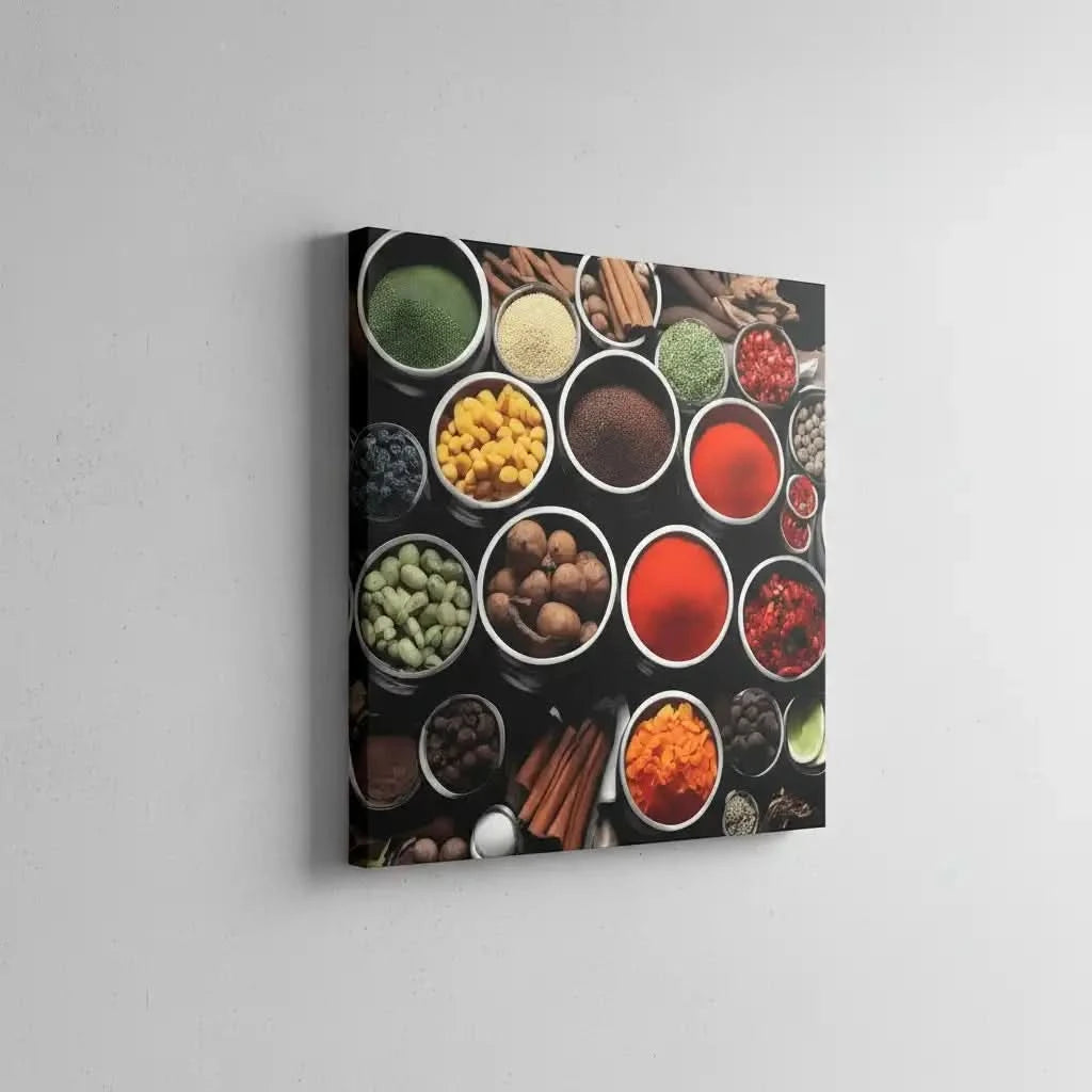 Collection de bols d'épices aux couleurs vibrantes, rouges, verts et jaunes, ambiance chaleureuse pour cuisine moderne.