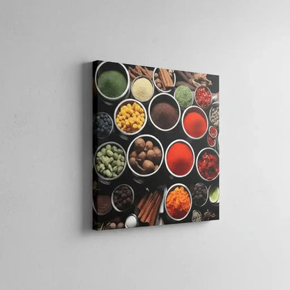 Collection de bols d'épices aux couleurs vibrantes, rouges, verts et jaunes, ambiance chaleureuse pour cuisine moderne.