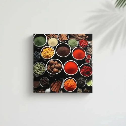 Collection de bols d'épices aux couleurs vibrantes, rouges, verts et jaunes, ambiance chaleureuse pour cuisine moderne.