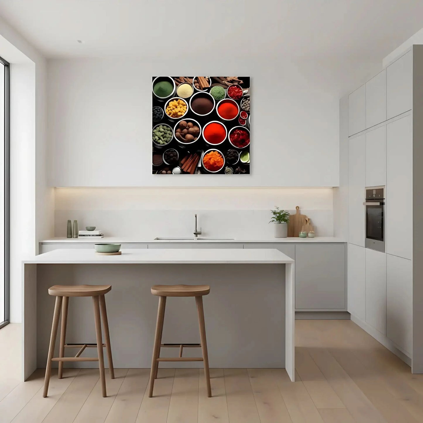 Collection de bols d'épices aux couleurs vibrantes, rouges, verts et jaunes, ambiance chaleureuse pour cuisine moderne.