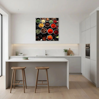 Collection de bols d'épices aux couleurs vibrantes, rouges, verts et jaunes, ambiance chaleureuse pour cuisine moderne.