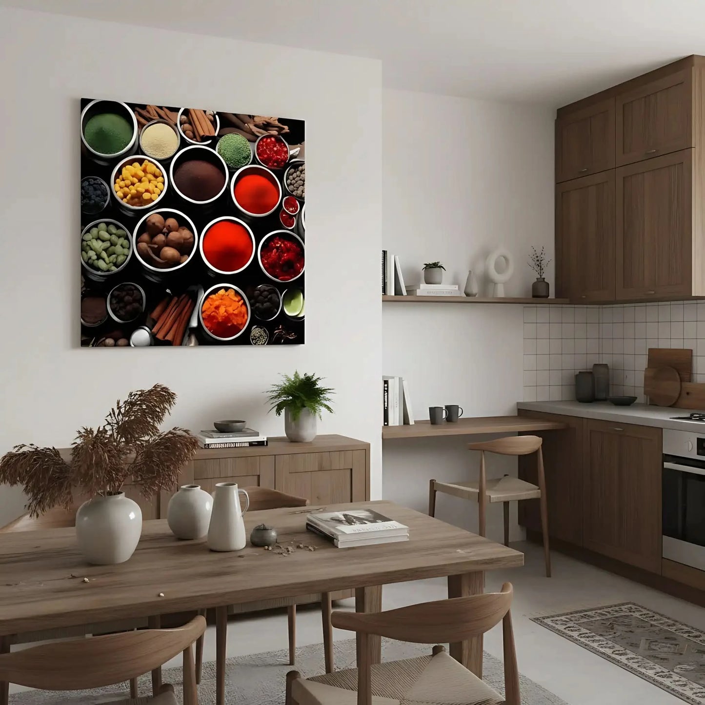 Collection de bols d'épices aux couleurs vibrantes, rouges, verts et jaunes, ambiance chaleureuse pour cuisine moderne.