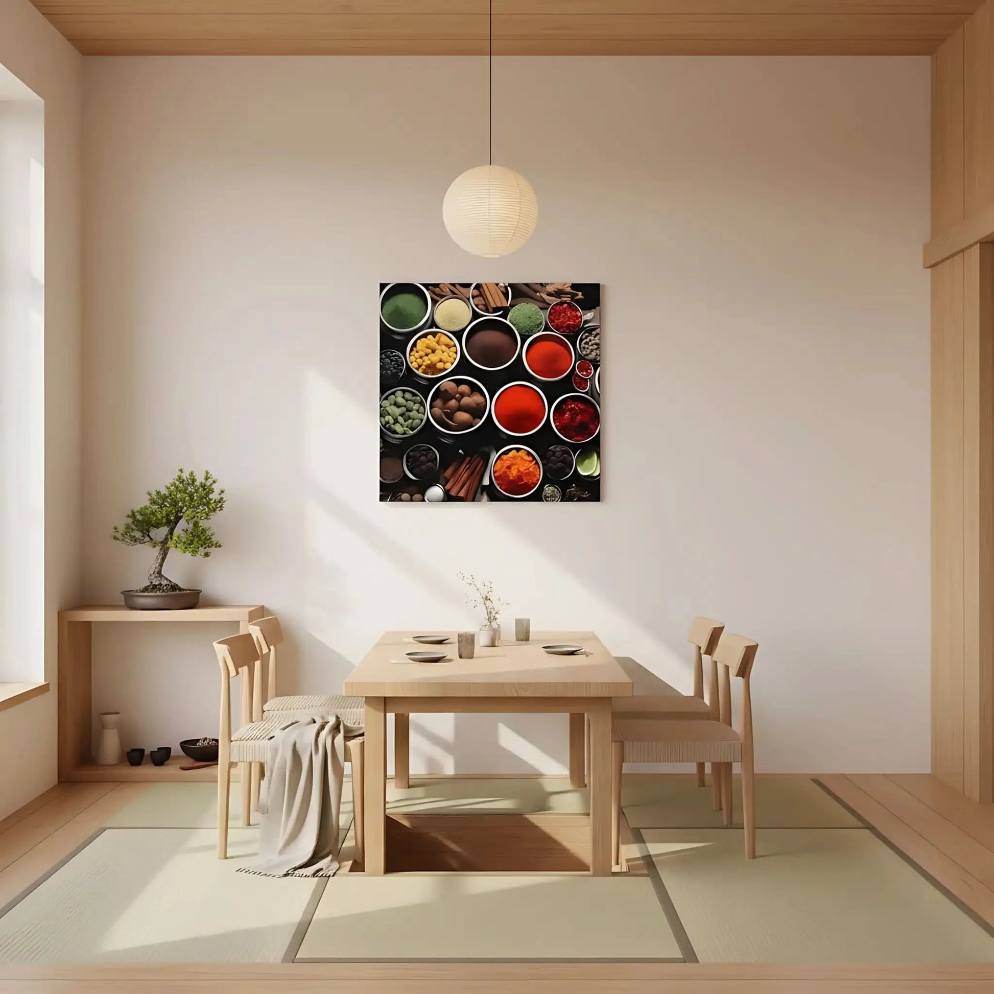 Collection de bols d'épices aux couleurs vibrantes, rouges, verts et jaunes, ambiance chaleureuse pour cuisine moderne.