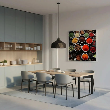 Collection de bols d'épices aux couleurs vibrantes, rouges, verts et jaunes, ambiance chaleureuse pour cuisine moderne.