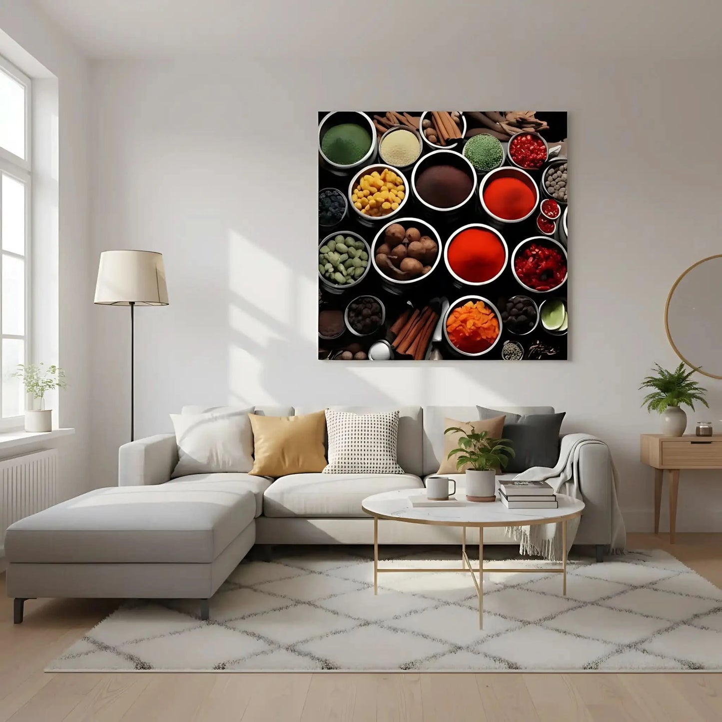 Collection de bols d'épices aux couleurs vibrantes, rouges, verts et jaunes, ambiance chaleureuse pour cuisine moderne.