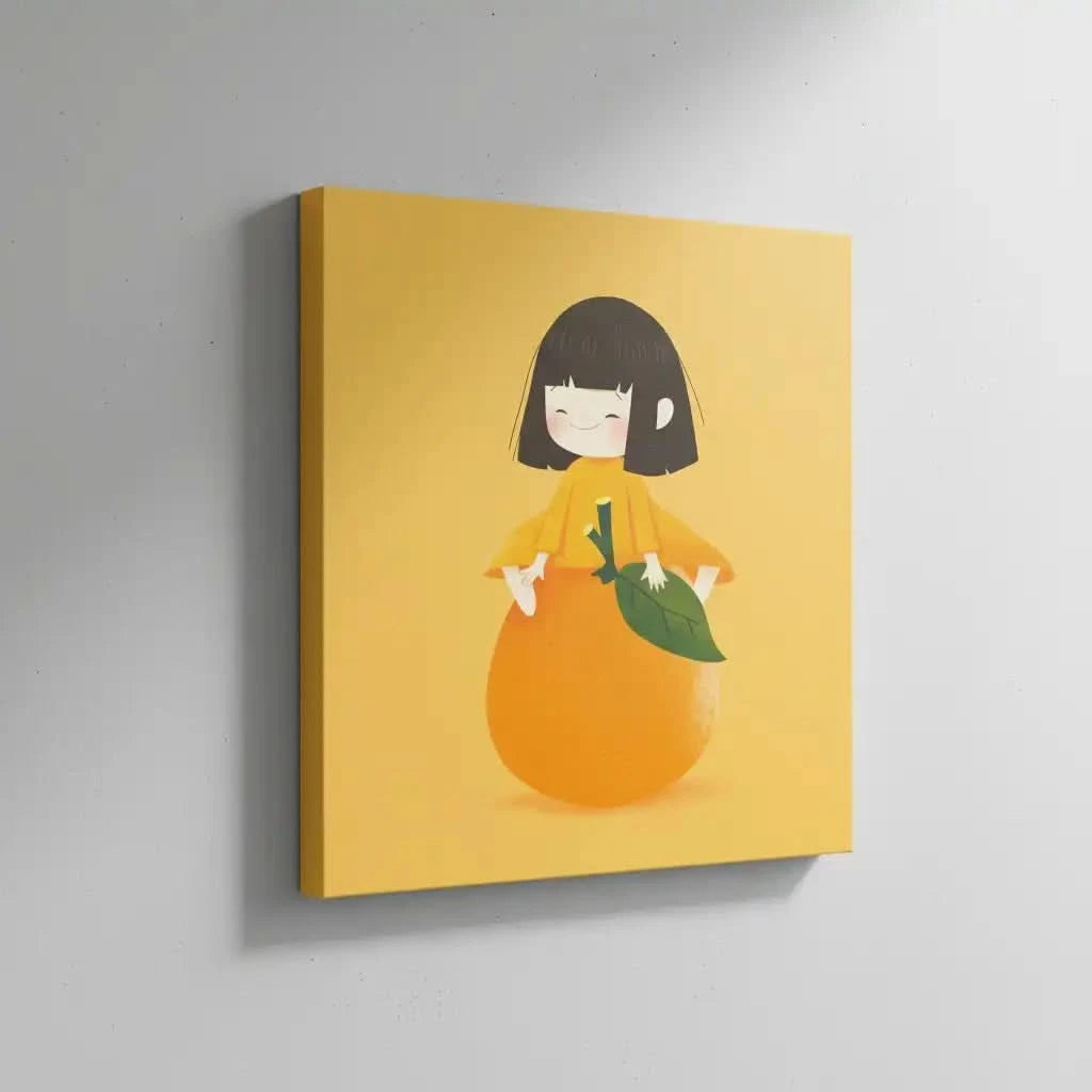 Illustration d'une petite fille souriante assise sur une orange, style ludique et coloré, parfaite pour chambre d'enfant.