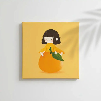 Illustration d'une petite fille souriante assise sur une orange, style ludique et coloré, parfaite pour chambre d'enfant.