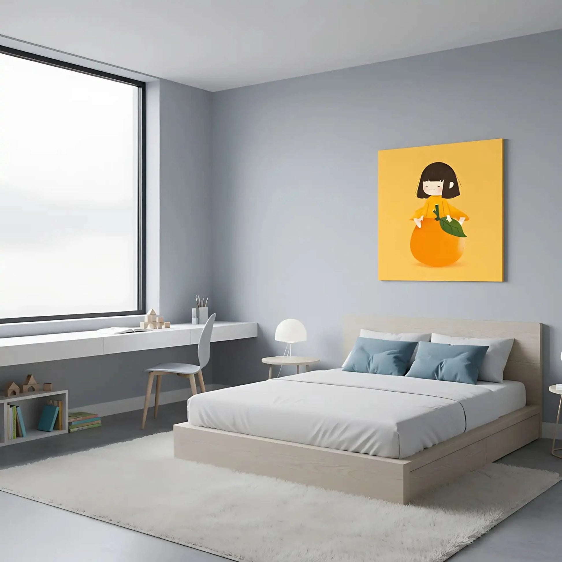 Illustration d'une petite fille souriante assise sur une orange, style ludique et coloré, parfaite pour chambre d'enfant.