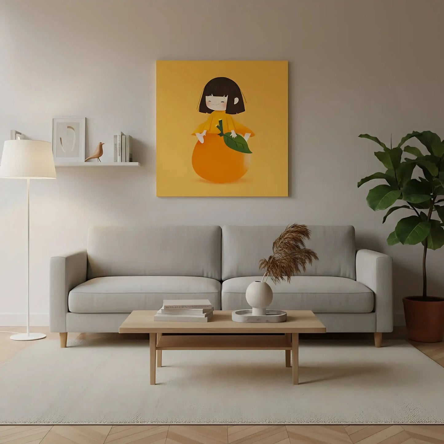 Illustration d'une petite fille souriante assise sur une orange, style ludique et coloré, parfaite pour chambre d'enfant.