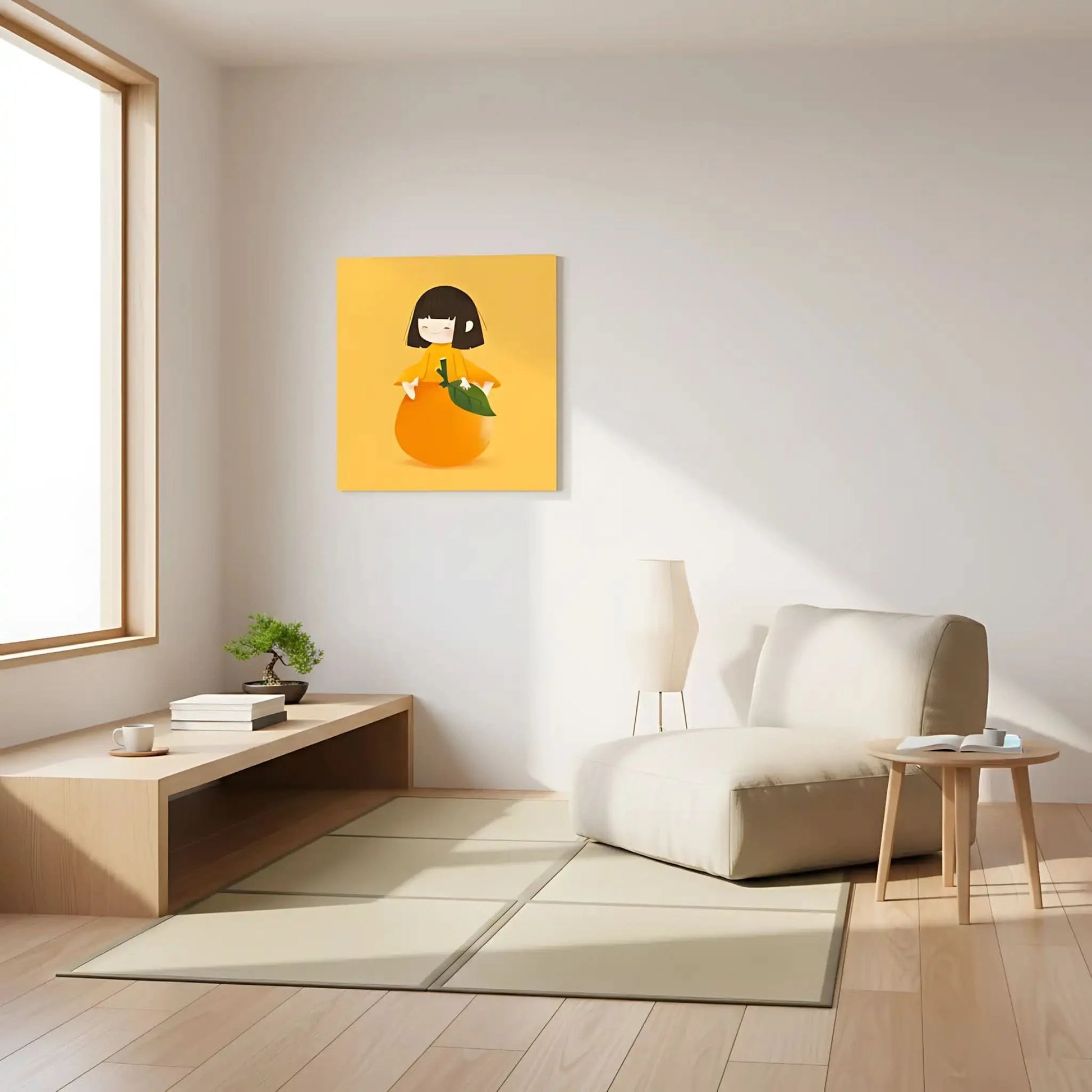 Illustration d'une petite fille souriante assise sur une orange, style ludique et coloré, parfaite pour chambre d'enfant.