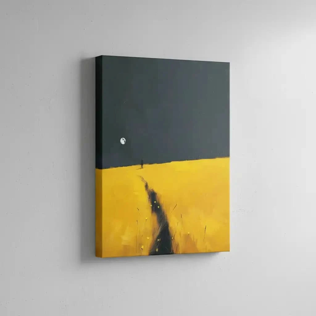 Peinture d'une silhouette marchant sur un champ jaune sous un ciel sombre avec la lune, idéale pour une chambre ou salon.