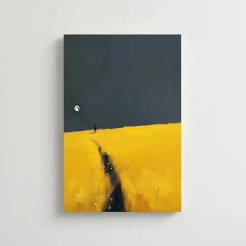 Peinture d'une silhouette marchant sur un champ jaune sous un ciel sombre avec la lune, idéale pour une chambre ou salon.