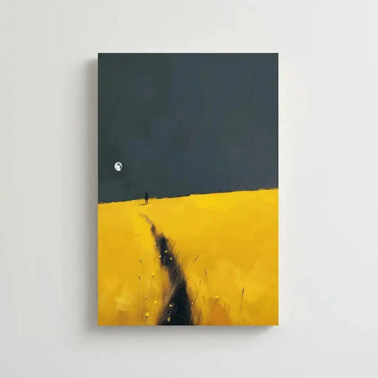 Peinture d'une silhouette marchant sur un champ jaune sous un ciel sombre avec la lune, idéale pour une chambre ou salon.