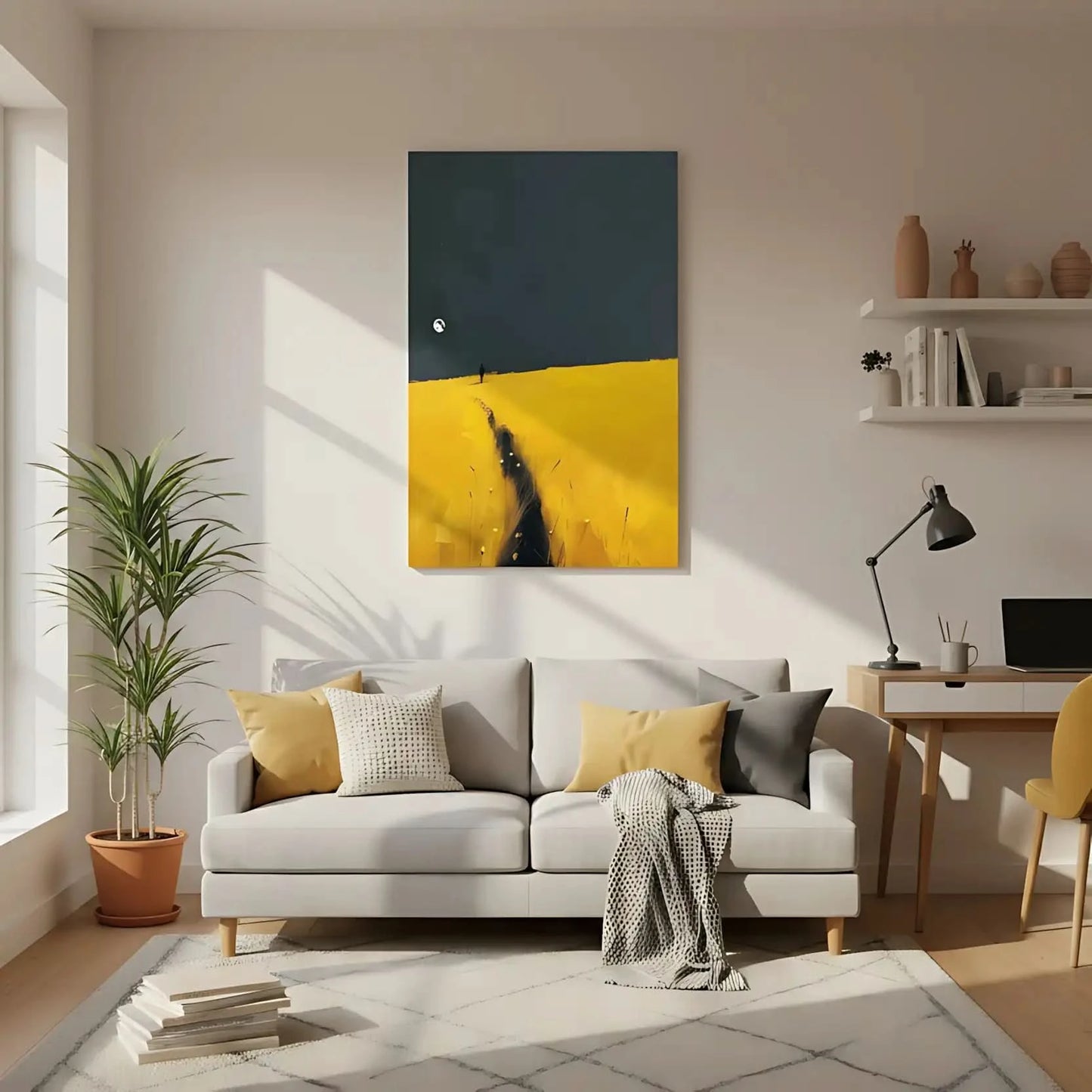 Peinture d'une silhouette marchant sur un champ jaune sous un ciel sombre avec la lune, idéale pour une chambre ou salon.