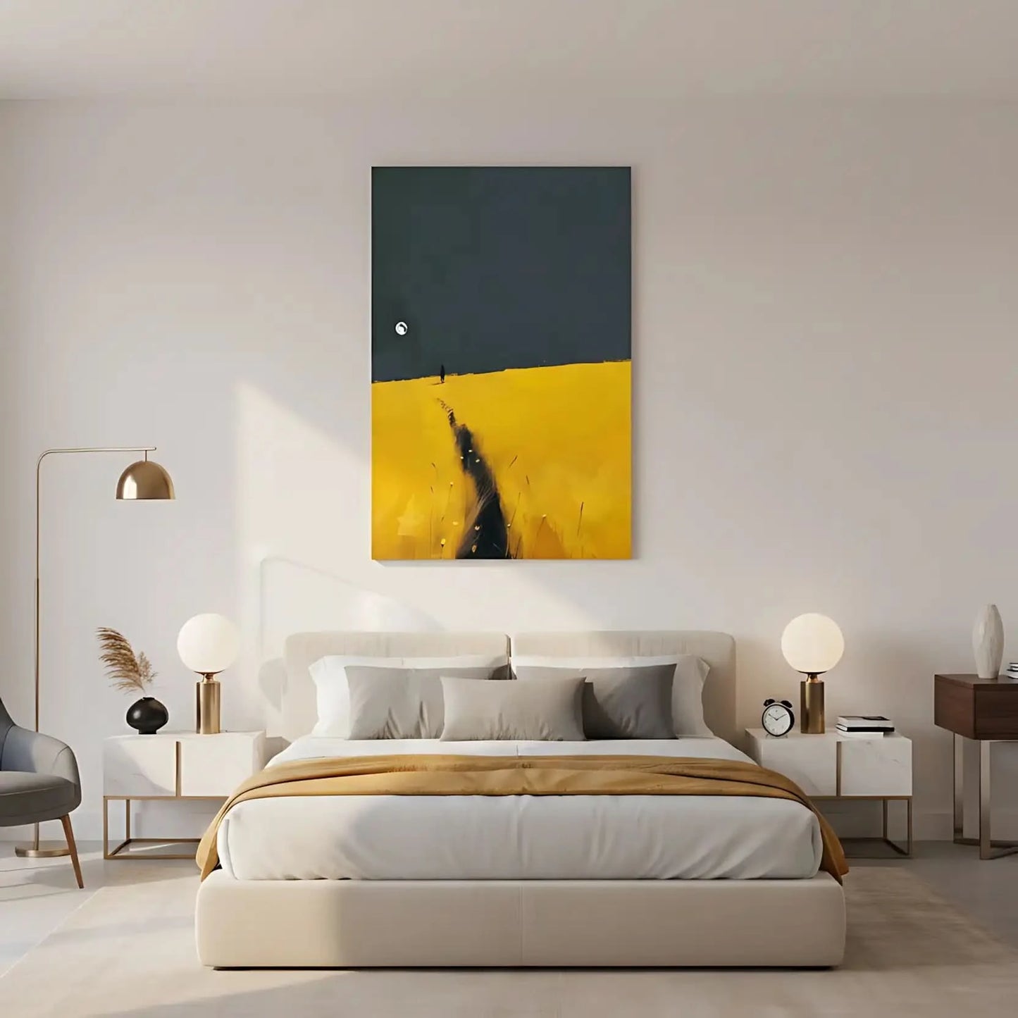 Peinture d'une silhouette marchant sur un champ jaune sous un ciel sombre avec la lune, idéale pour une chambre ou salon.