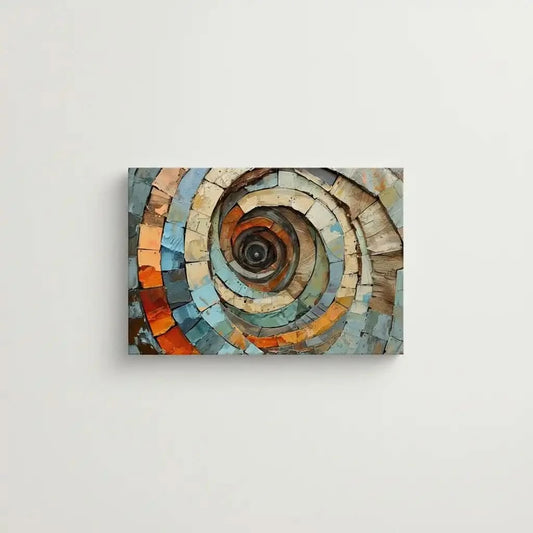 Spirale abstraite de formes géométriques en bleu, orange et beige, créant une sensation de mouvement fluide et une ambiance apaisante, parfaite pour un espace moderne.