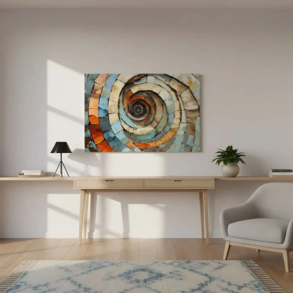 Spirale abstraite de formes géométriques en bleu, orange et beige, créant une sensation de mouvement fluide et une ambiance apaisante, parfaite pour un espace moderne.