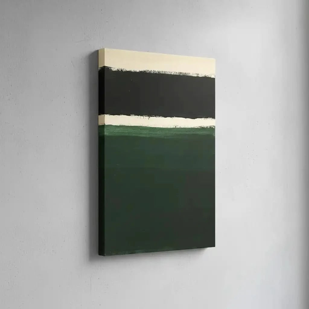 Peinture minimaliste avec des bandes de couleurs noires, blanches et vertes, idéale pour un salon ou une chambre moderne.