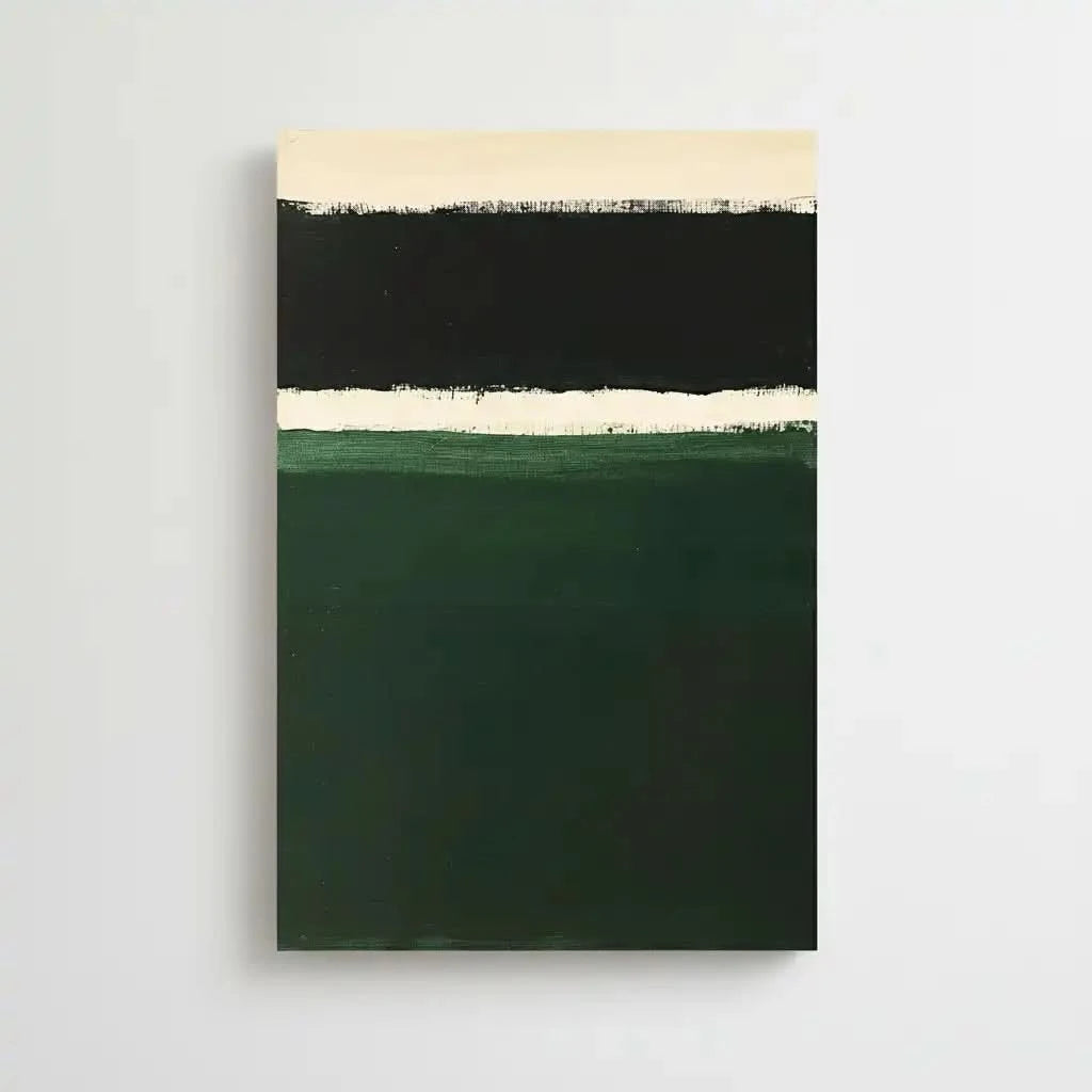 Peinture minimaliste avec des bandes de couleurs noires, blanches et vertes, idéale pour un salon ou une chambre moderne.