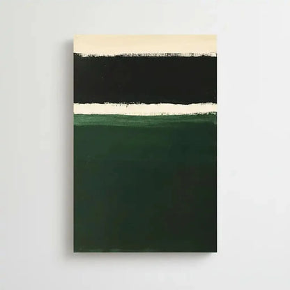 Peinture minimaliste avec des bandes de couleurs noires, blanches et vertes, idéale pour un salon ou une chambre moderne.
